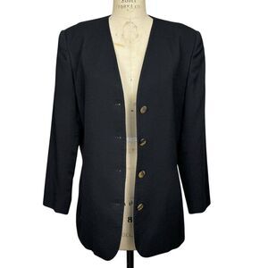 Augustus by Andrew Morgan Women's Long Collarless Blazer 12 Black Vintage 90s